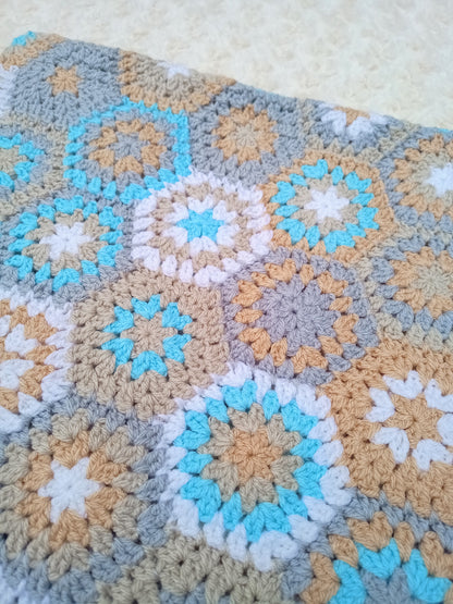 Soft Neutrals & Aqua Tones Granny Hexagon Blanket