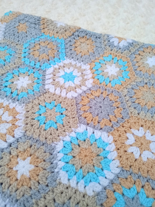 Soft Neutrals & Aqua Tones Granny Hexagon Blanket